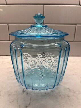 Anchor Hocking 1930’s Mayfair “Open Rose” Ice Blue BISCUIT JAR WITH LID